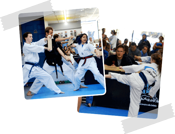 Kids breaking wood boards during World Karate Fairfax Summer Camp Session