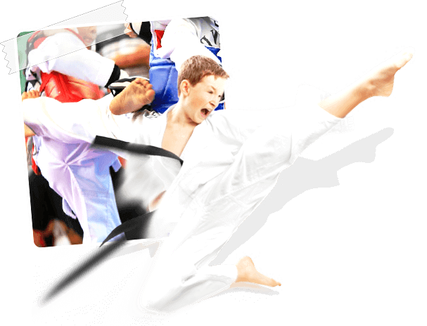 World Karate student showing high fly kick during taekwondo session